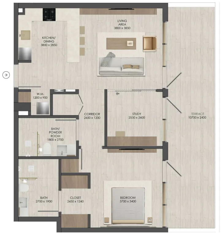 JAD 288 1 bed floor plan, 1,005 sqft