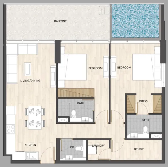 Barari Palace 2 bed floor plan, 1,240 – 1,258 sqft