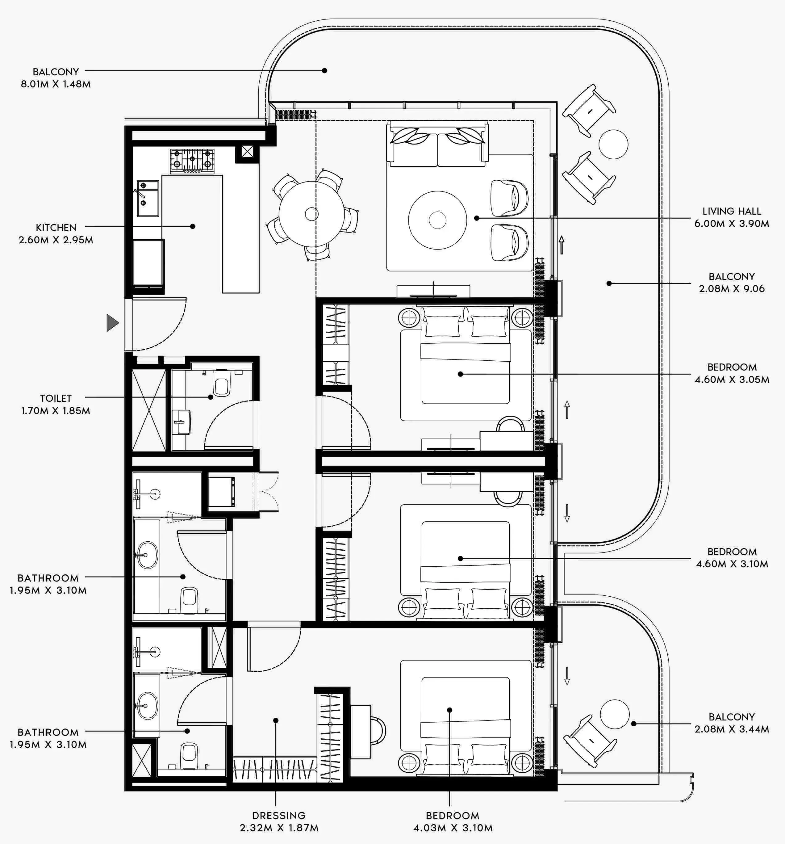 Azizi Venice 3 bed floor plan, 1,690 sqft