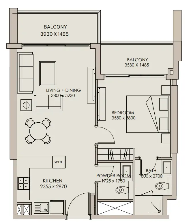Nirvana Residences 1 1 bed floor plan, 734 sqft