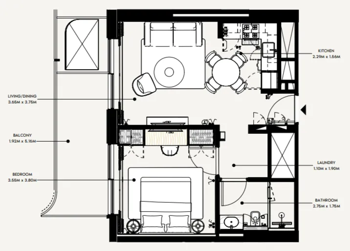 Azizi Wasel 1 bed floor plan, 650 sqft