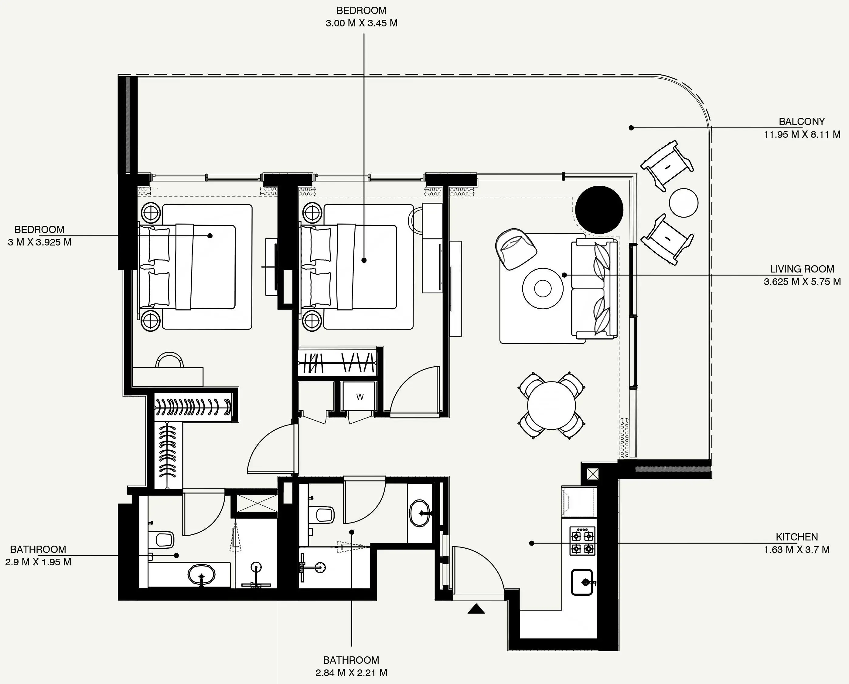 Azizi Venice 2 bed floor plan, 1,345 sqft