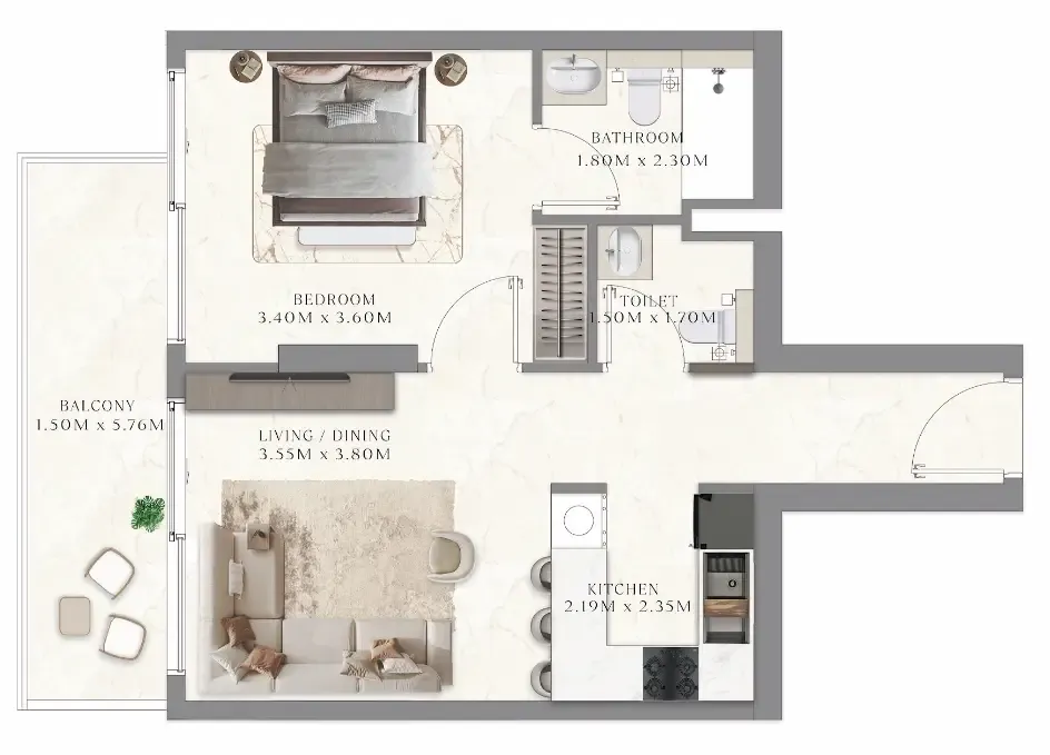 Aum 99 Residences 1 bed floor plan, 538 sqft