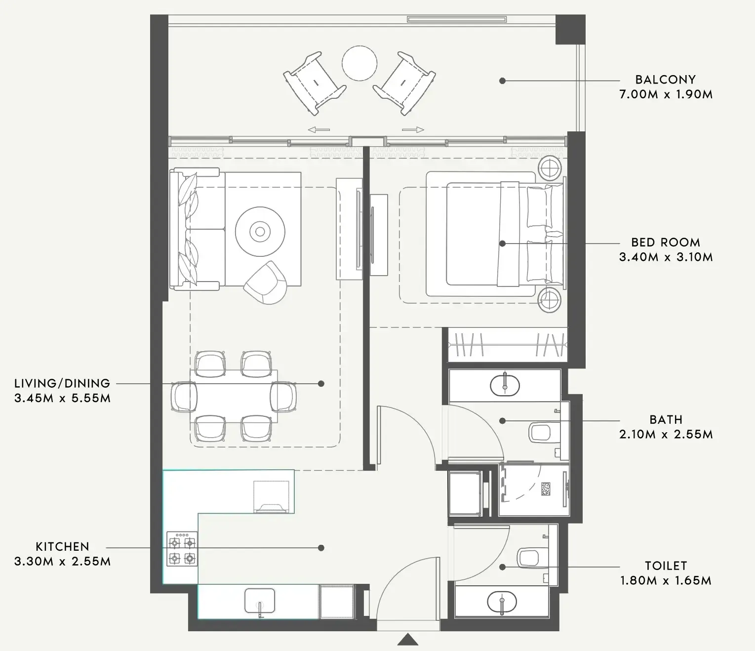 Riviera 58 1 bed floor plan, 784 sqft