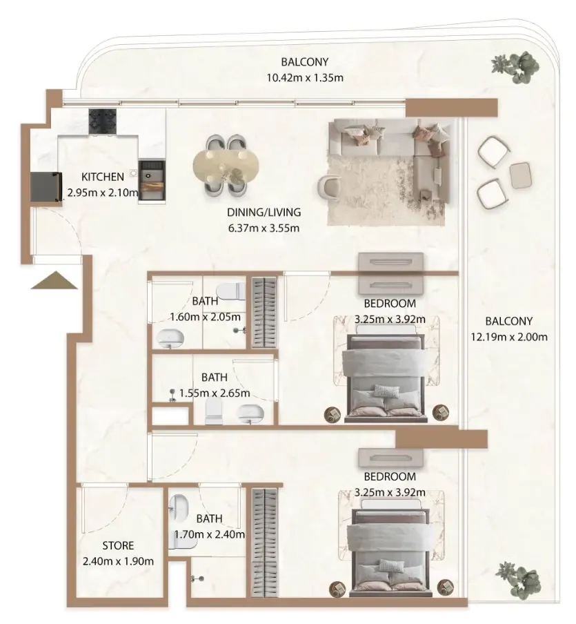 Veda by AUM Development 2 bed floor plan, 1,398 sqft
