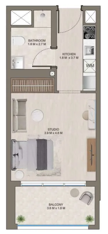 The Corner Studio floor plan, 417 sqft
