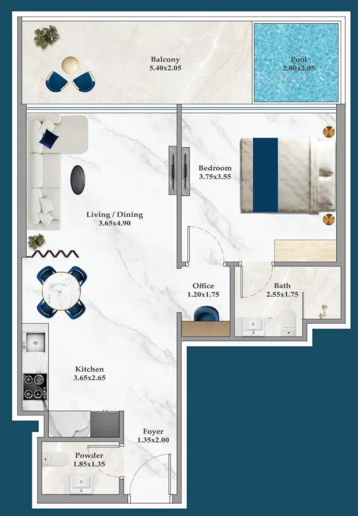 Timez 1 bed floor plan, 721 – 722 sqft