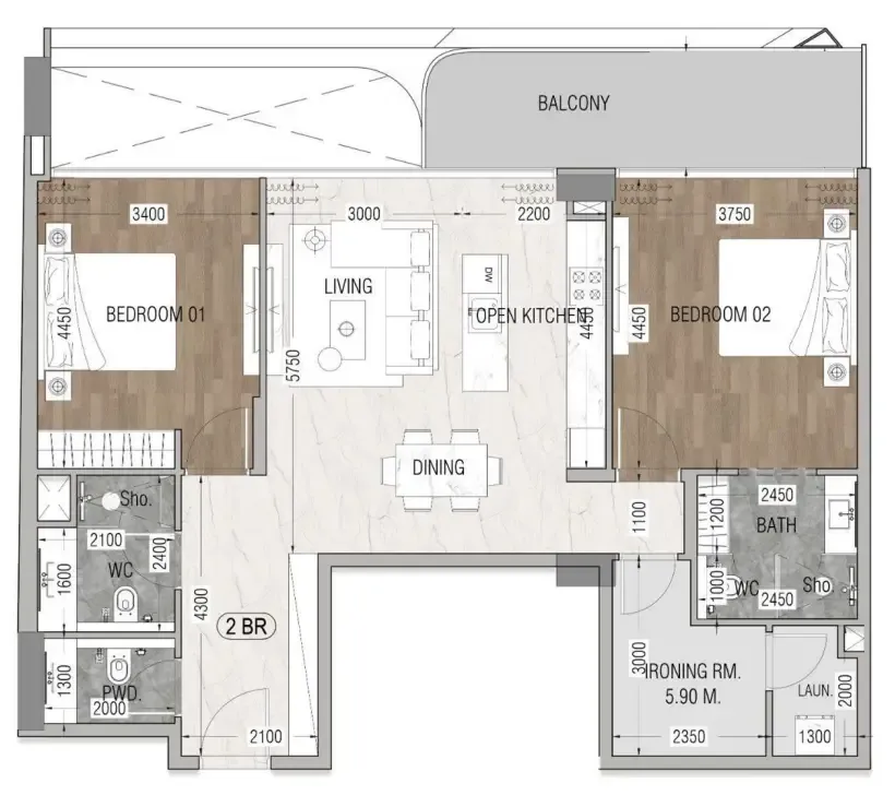 Vue Dorée 2 bed floor plan, 1,212 sqft