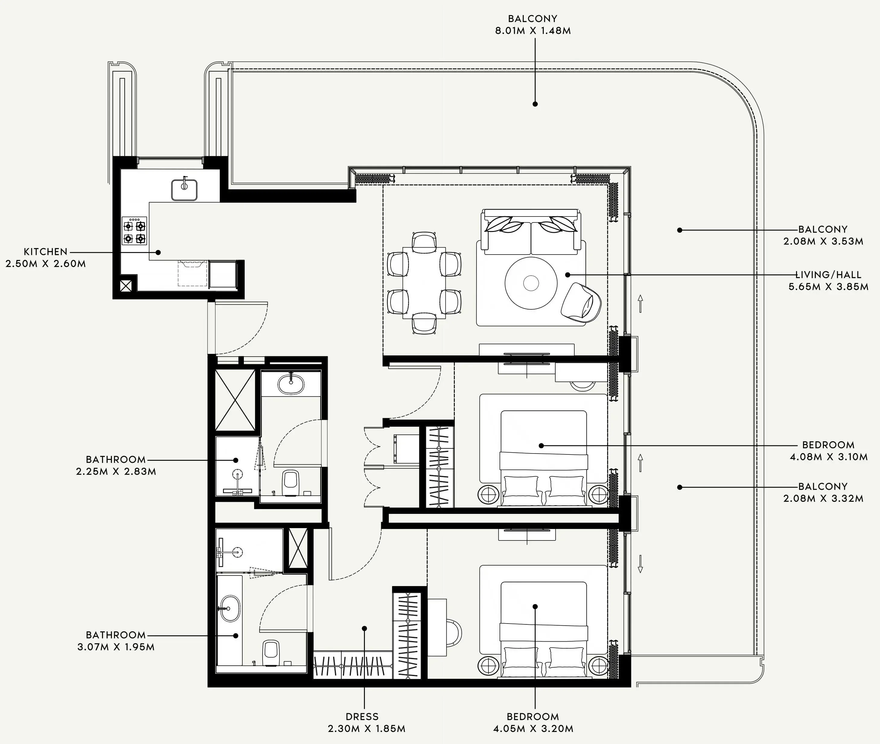 Azizi Venice 2 bed floor plan, 1,617 sqft