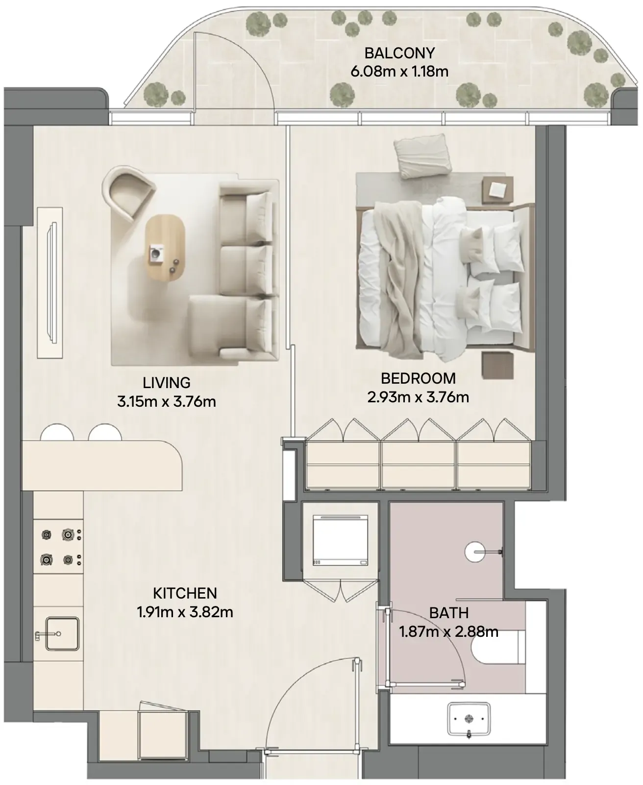 Mirasol II 1 bed floor plan, 599 sqft