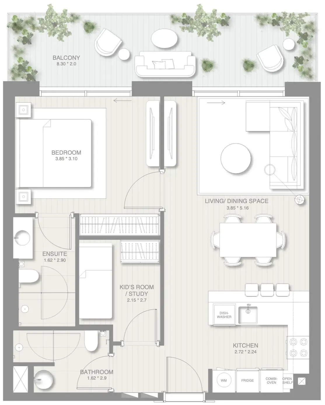 Sol Levante 1 bed floor plan, 882 sqft