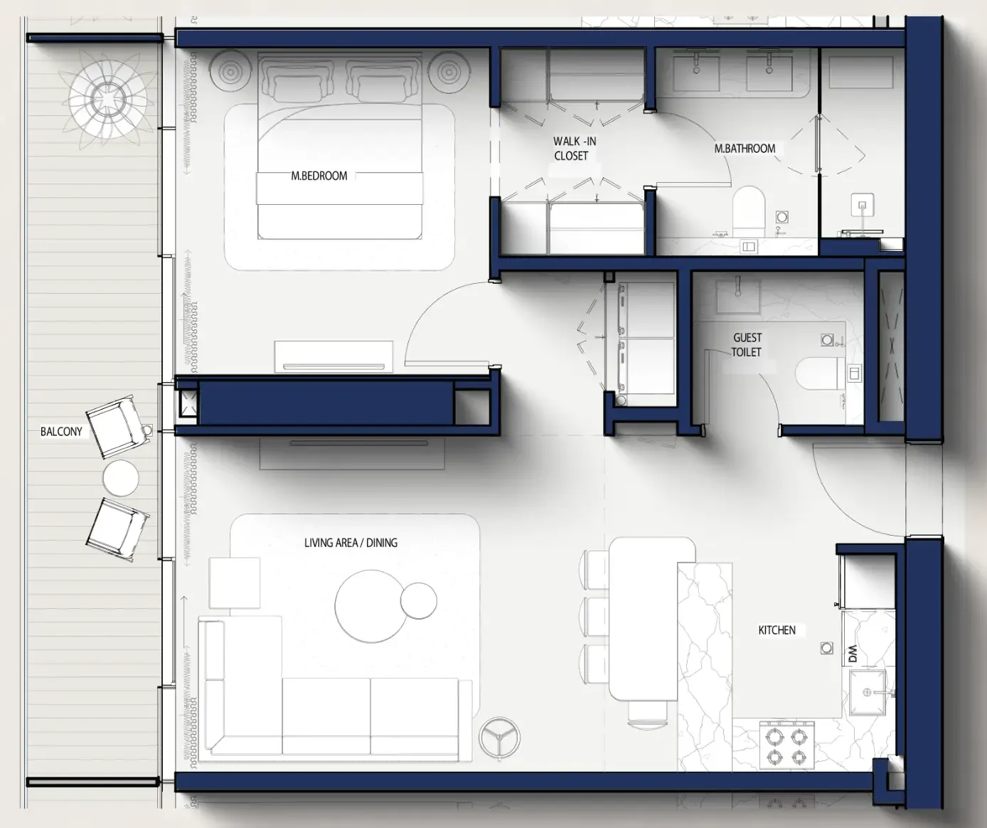 Hilton Residences 1 bed floor plan, 849 sqft