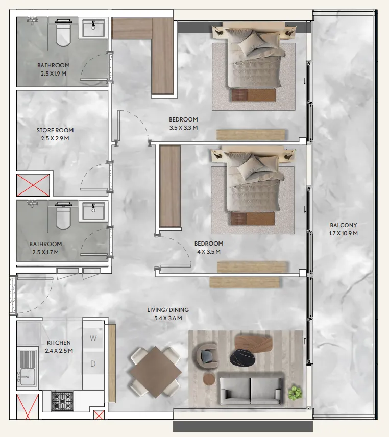 California Residences 2 bed floor plan, 1,161 sqft