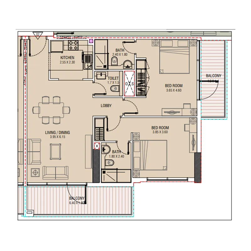 Al Waleed W.S 1 2 bed floor plan, 1,161 – 1,163 sqft