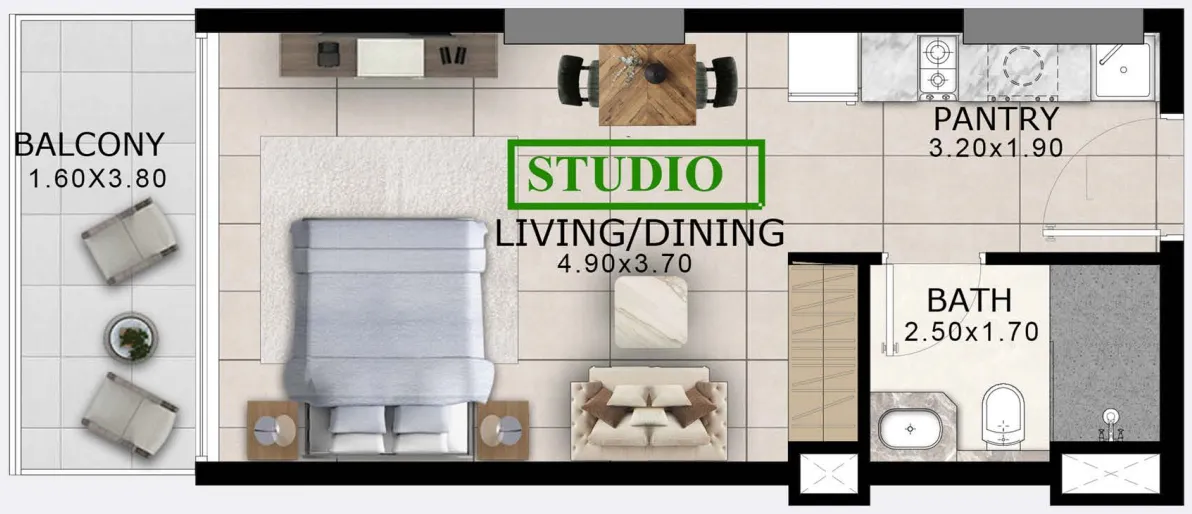Arlington Park Studio floor plan, 413 sqft