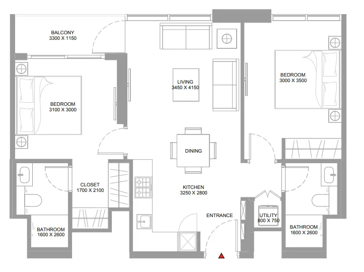 Pristine Beach Residences 2 bed floor plan, 777 sqft