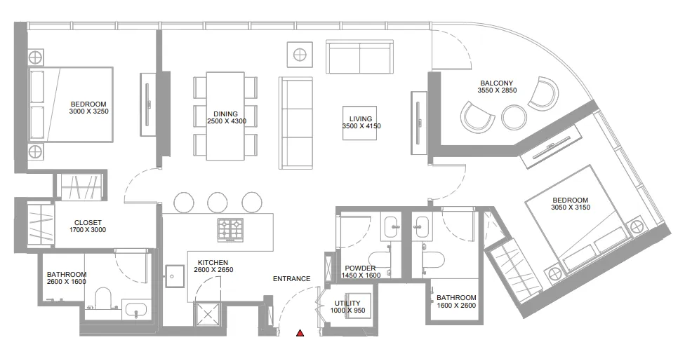 Bayside Marina Residences 2 bed floor plan, 1,021 sqft