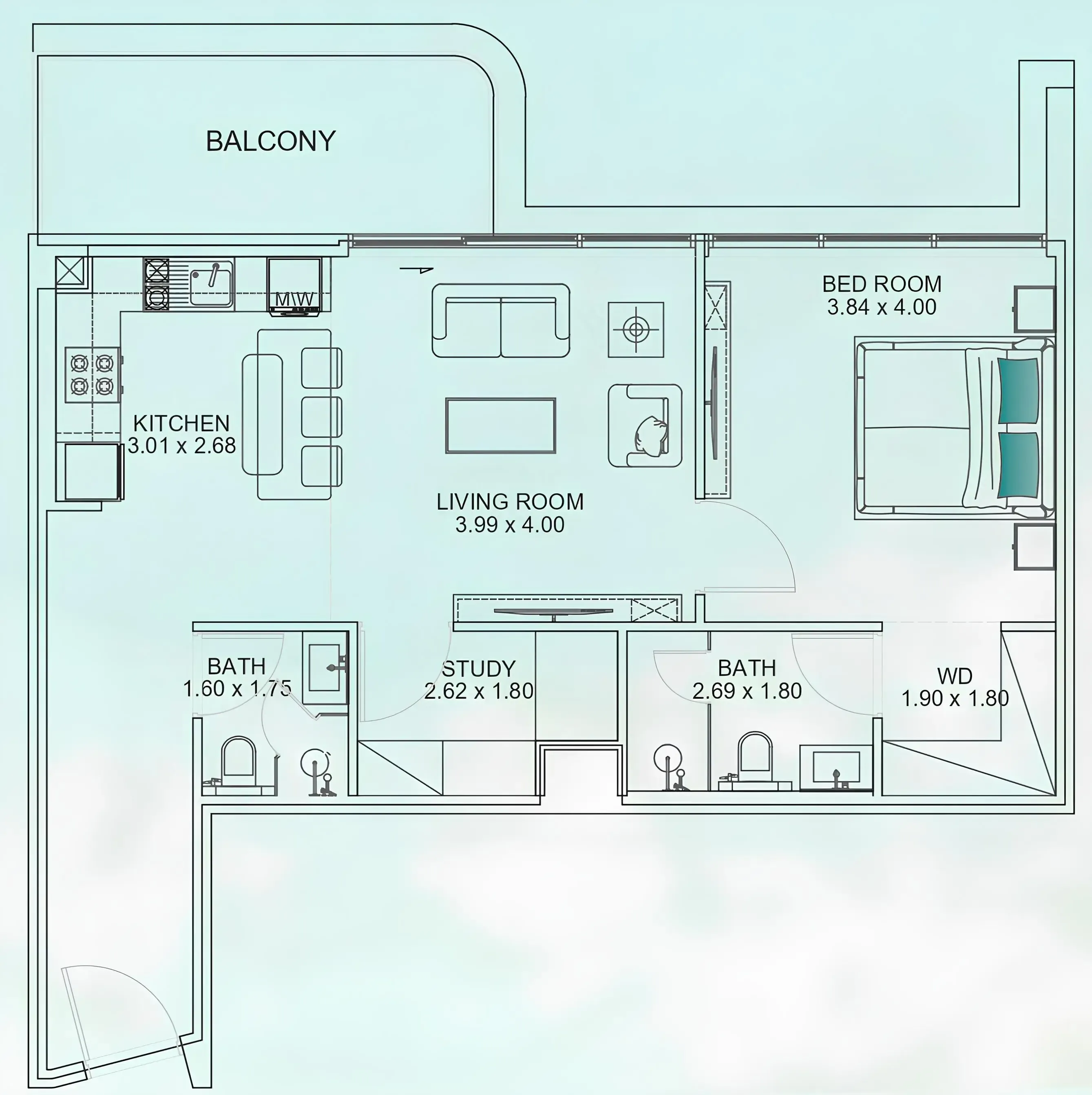 Floarea Breeze 1 bed floor plan, 896 sqft