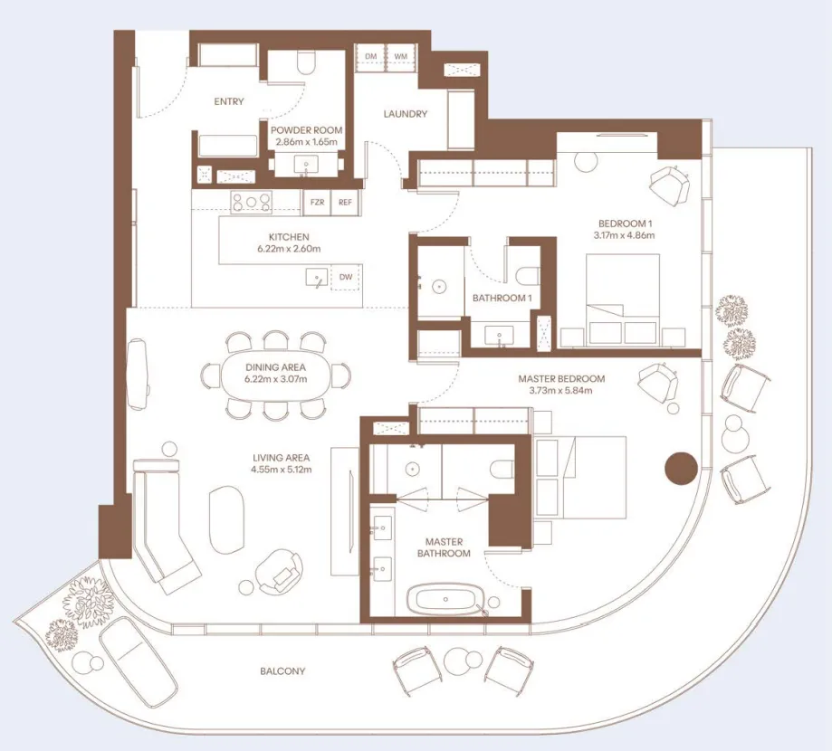Dubai Harbour Residence 2 bed floor plan, 2,249 sqft