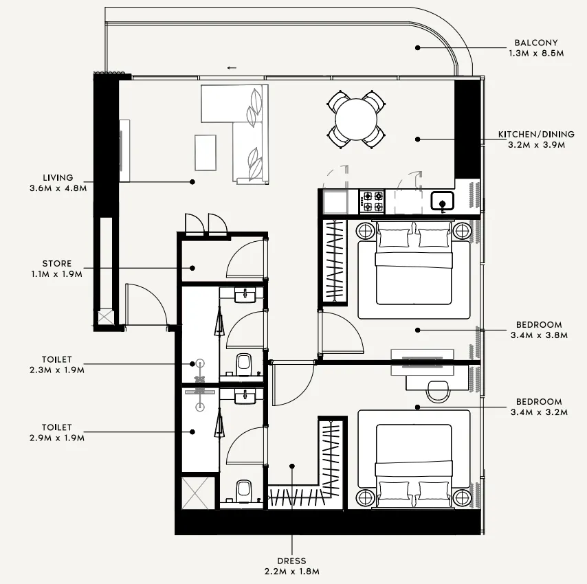 Azizi Milan 2 bed floor plan, 1,075 sqft