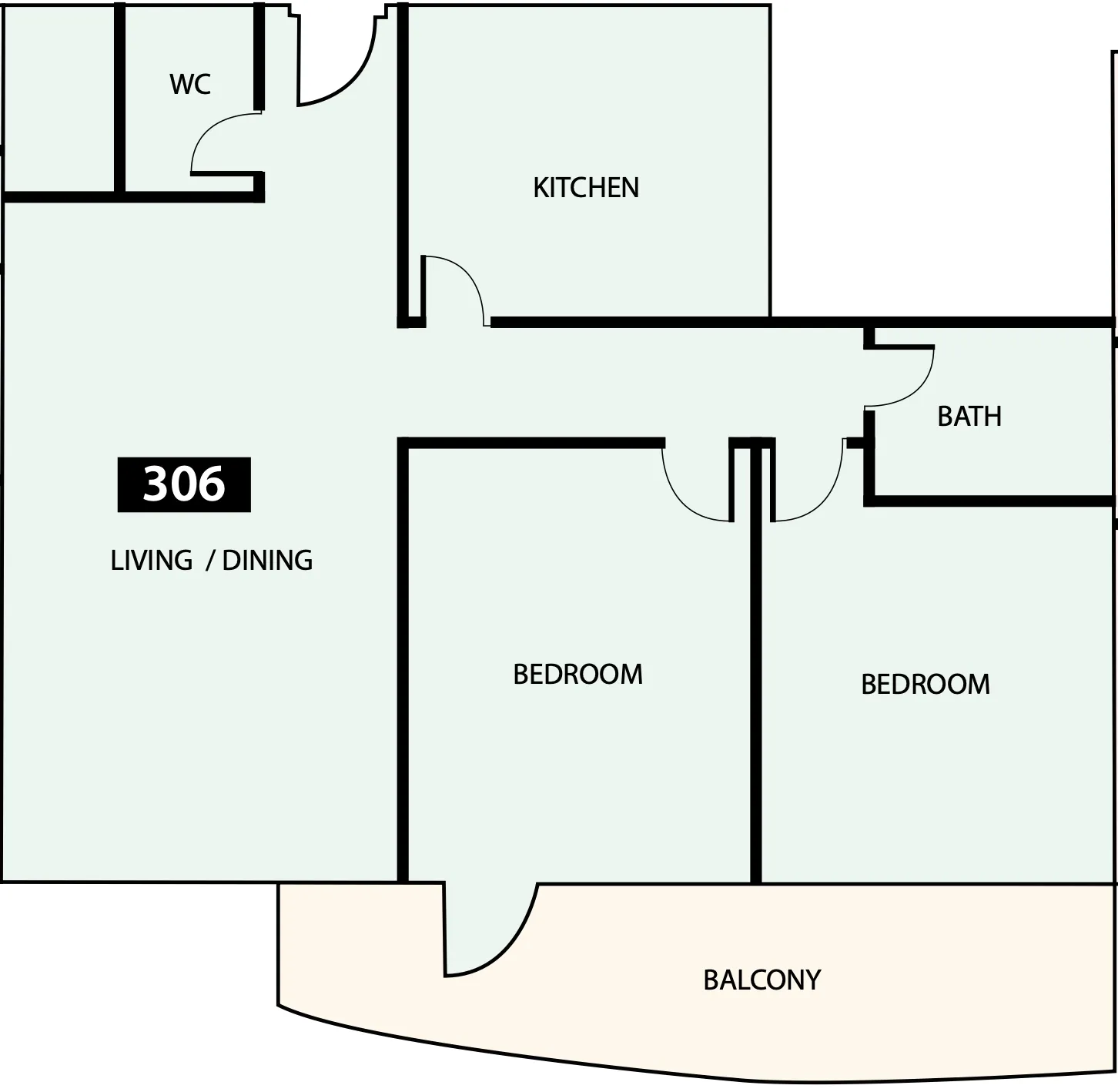 Paradise View 1 2 bed floor plan, 1,159 sqft