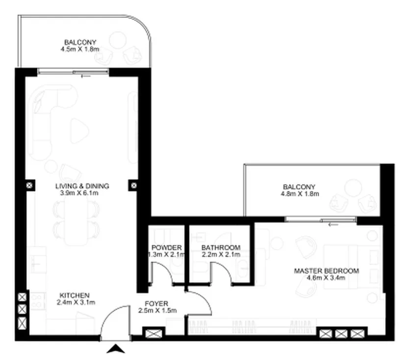 The Artery Residences 1 bed floor plan, 960 sqft