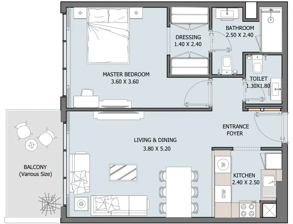 Oceana 1 bed floor plan, 728 sqft