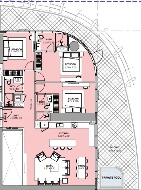 Binghatti Skyblade 3 bed floor plan, 2,184 sqft