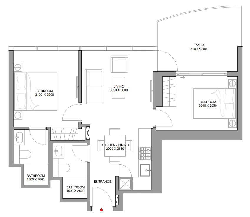 Sobha Aquamont 2 bed floor plan, 762 sqft