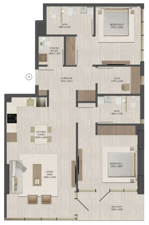 JAD 288 2 bed floor plan, 1,161 sqft