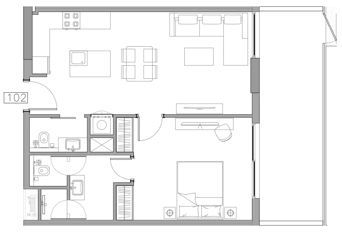 Trevino 1 bed floor plan, 805 sqft