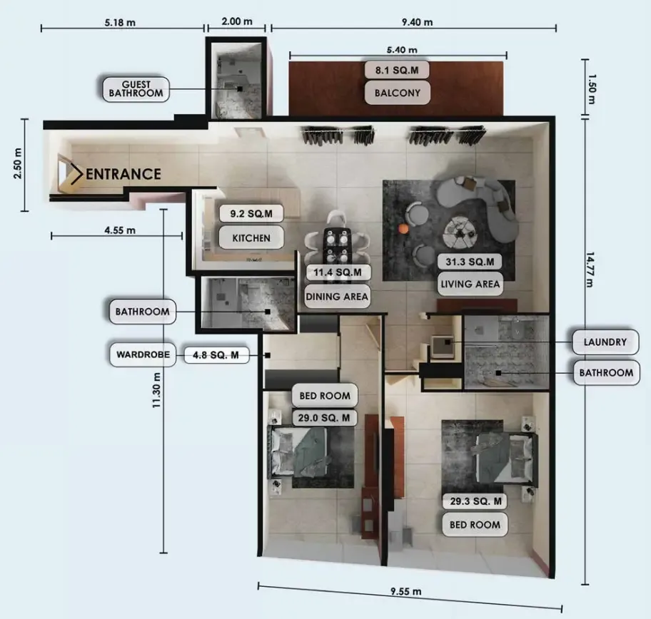 Zenith J1 2 bed floor plan, 1,911 sqft