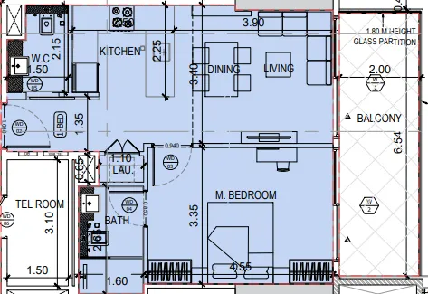 Binghatti Amberhall 1 bed floor plan, 707 sqft