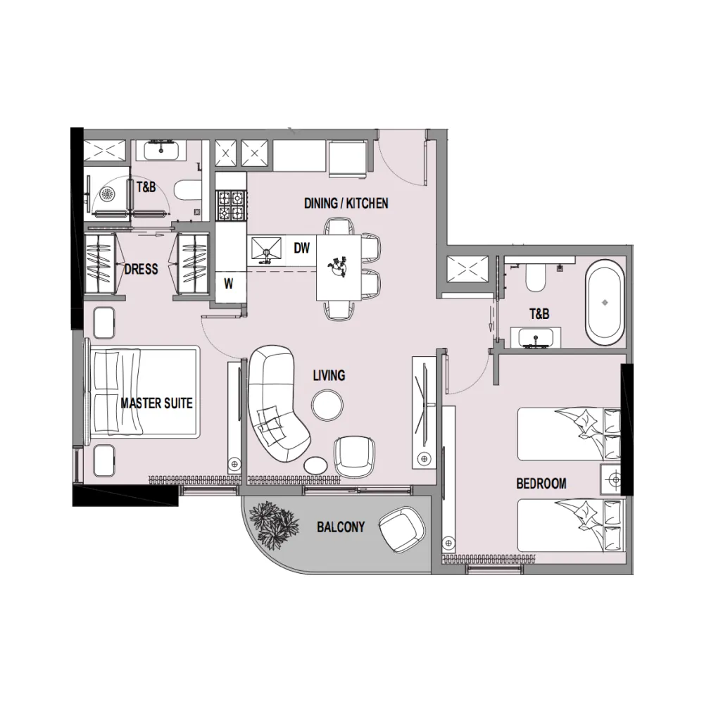Verso 2 bed floor plan, 790 sqft