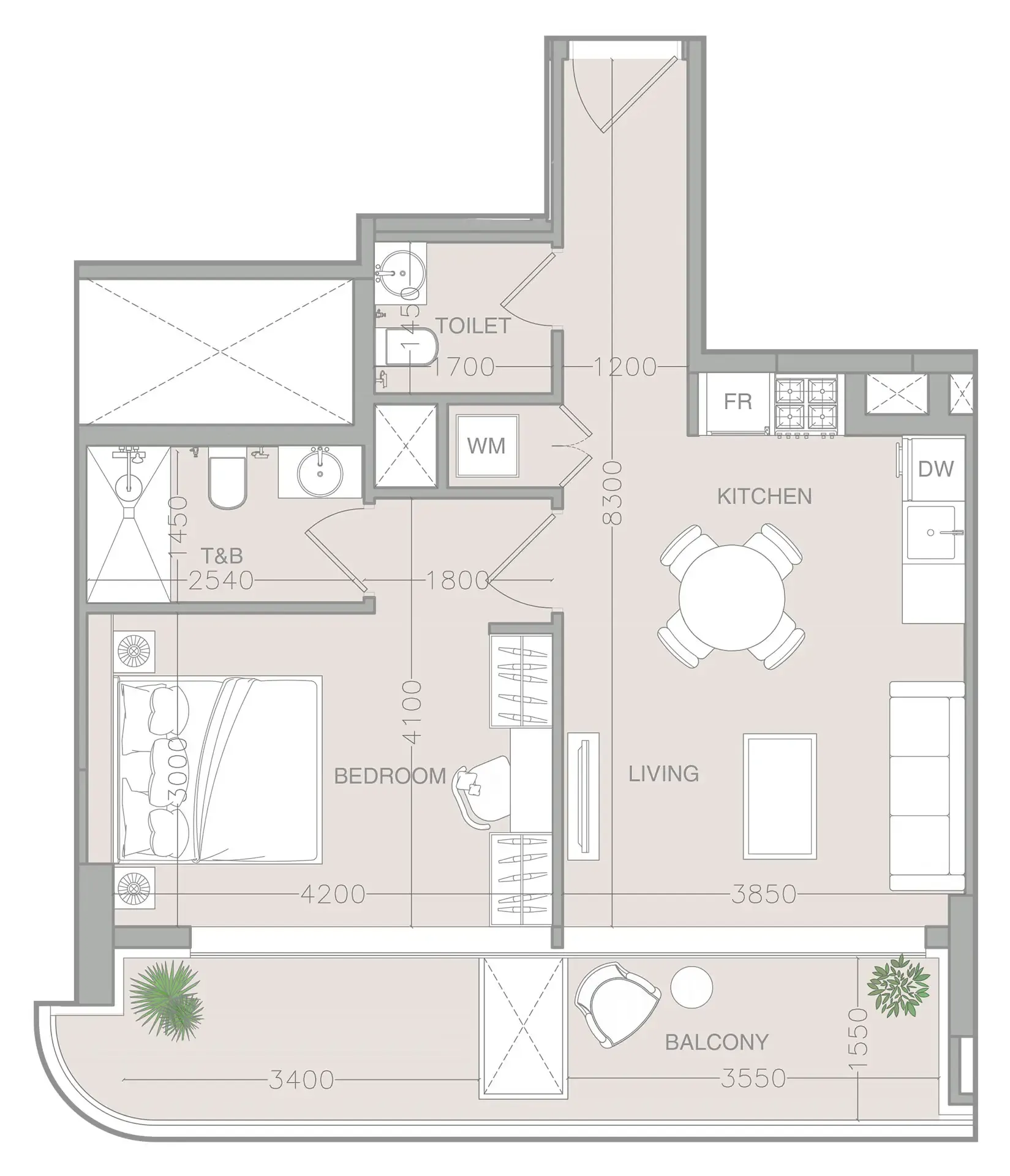 ELAR1S Axis 1 bed floor plan, 700 sqft