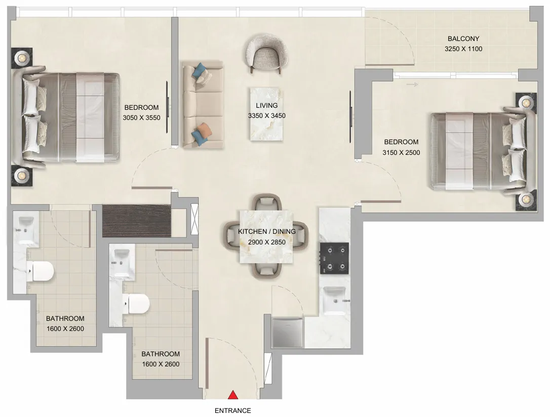 Tranquil Beach Residences 2 bed floor plan, 653 – 655 sqft