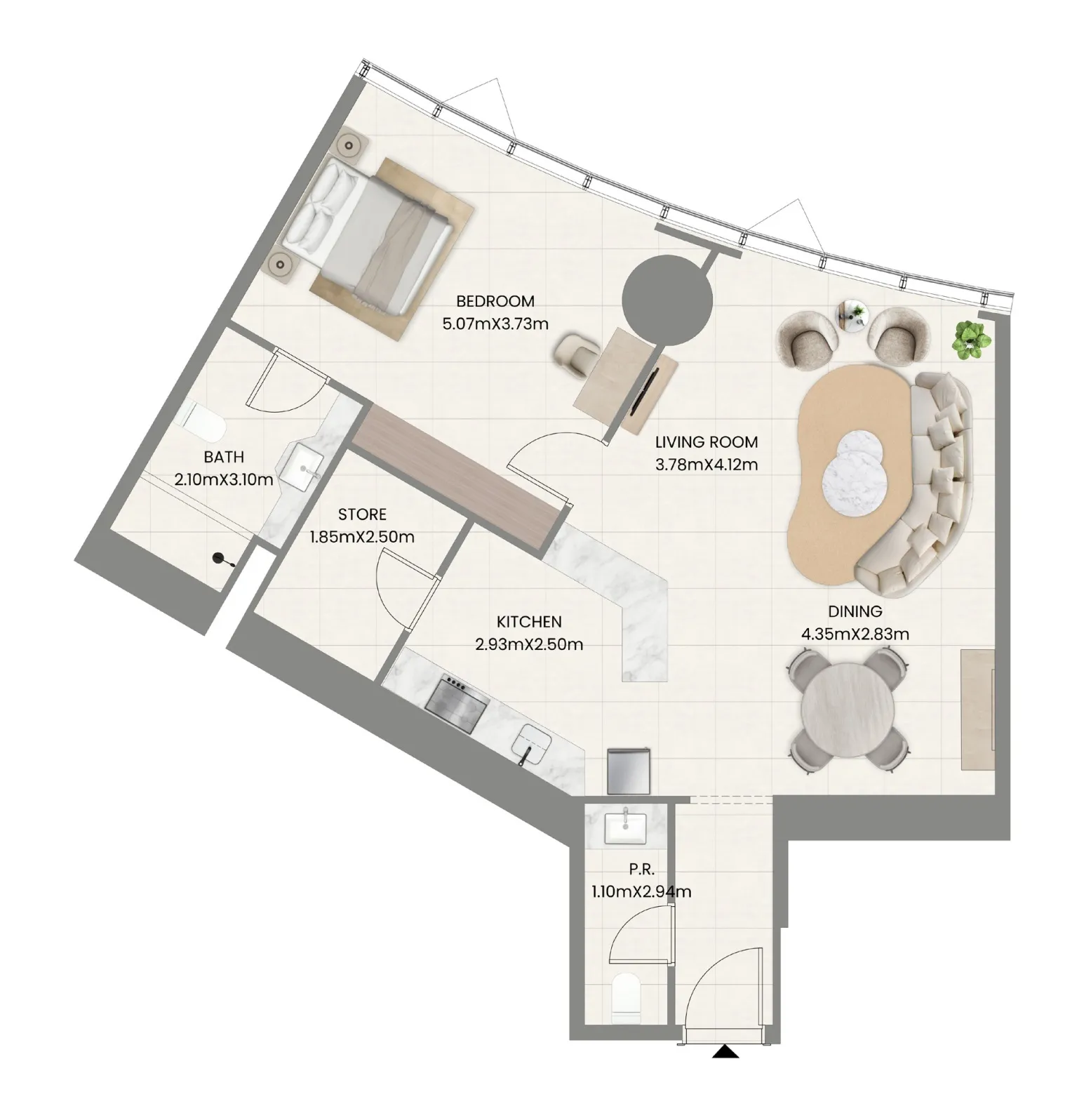 Leaf Tower 1 bed floor plan, 885 sqft