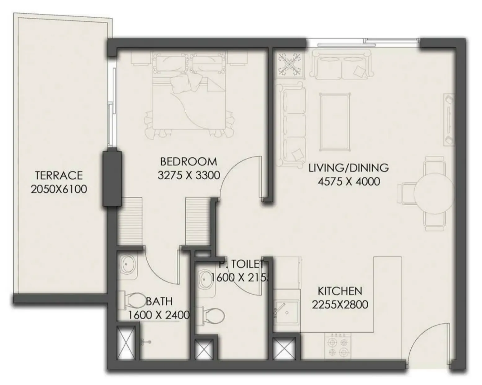 Park Residency 1 bed floor plan, 691 sqft