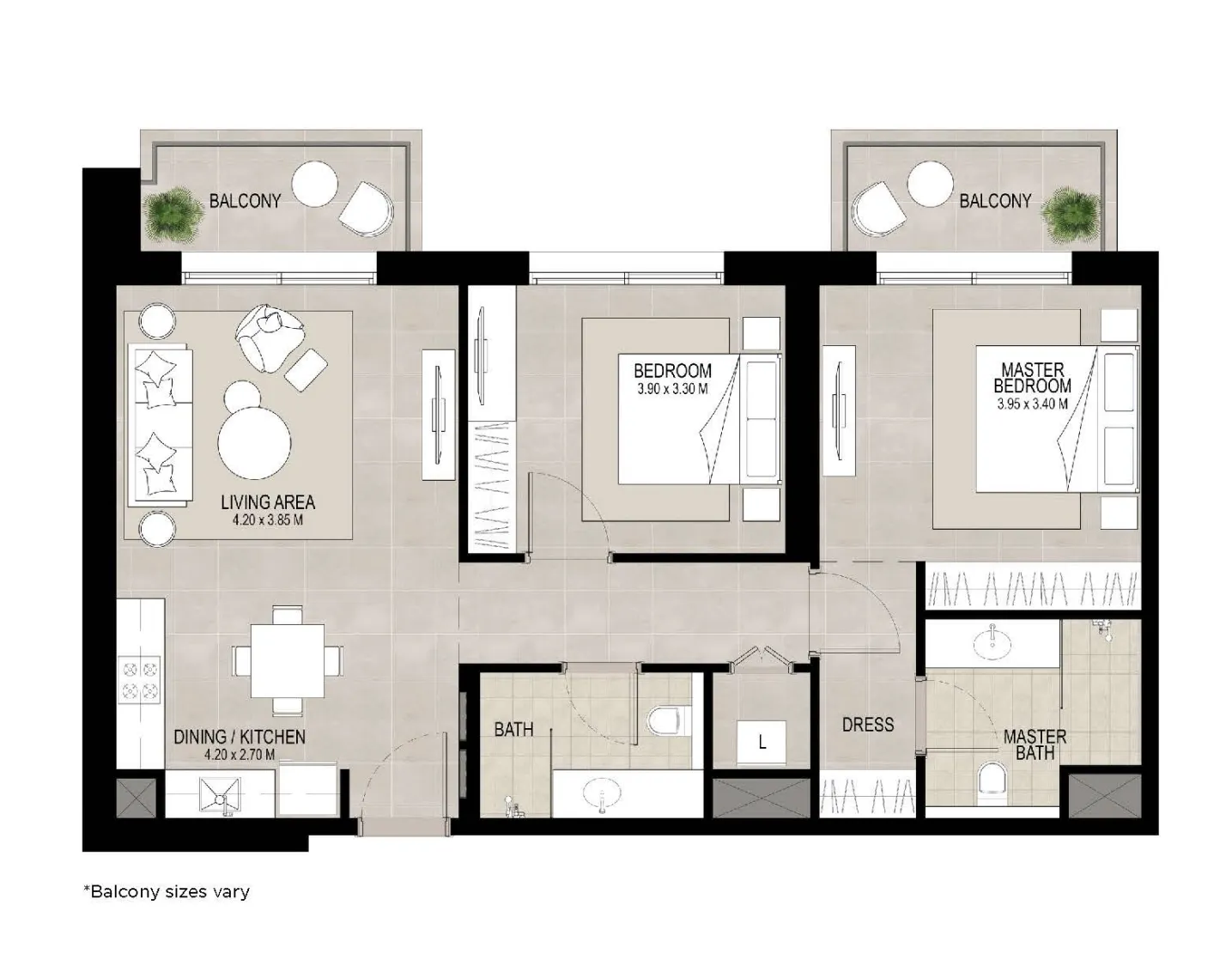 Lana on the Park 2 bed floor plan, 1,033 sqft