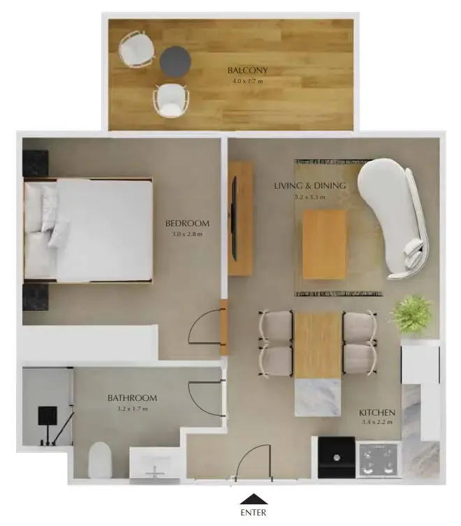Treppan Tower 1 bed floor plan, 476 sqft
