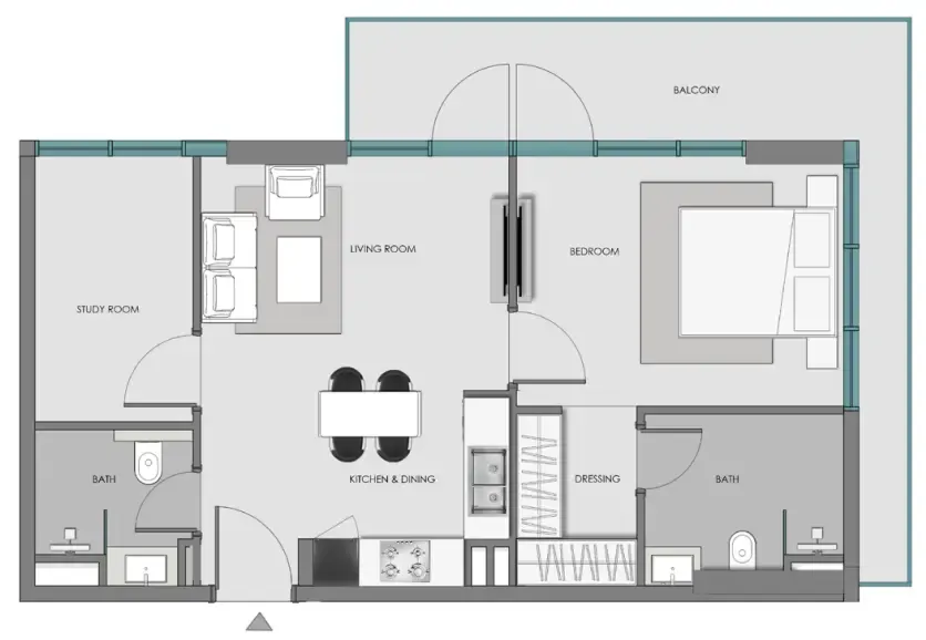 Samana Hills South 3 1 bed floor plan, 835 sqft