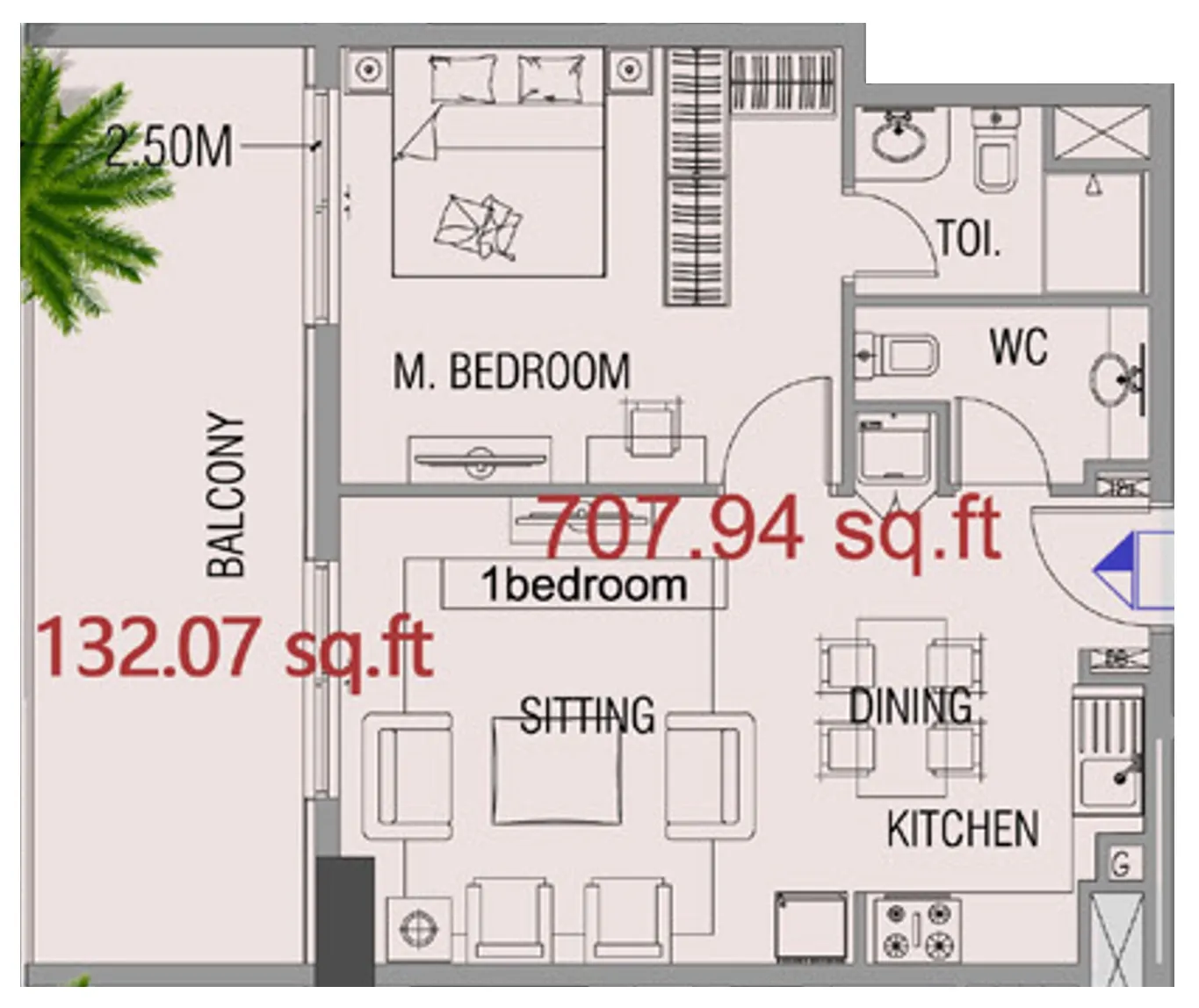 Forest City 1 bed floor plan, 794 sqft
