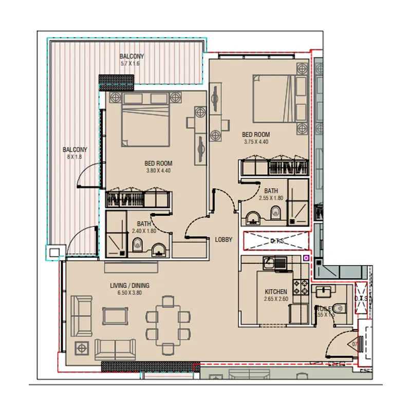 Al Waleed W.S 1 2 bed floor plan, 1,277 – 1,282 sqft