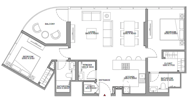 Beach Residences at Siniya Island 2 bed floor plan, 1,030 – 1,037 sqft