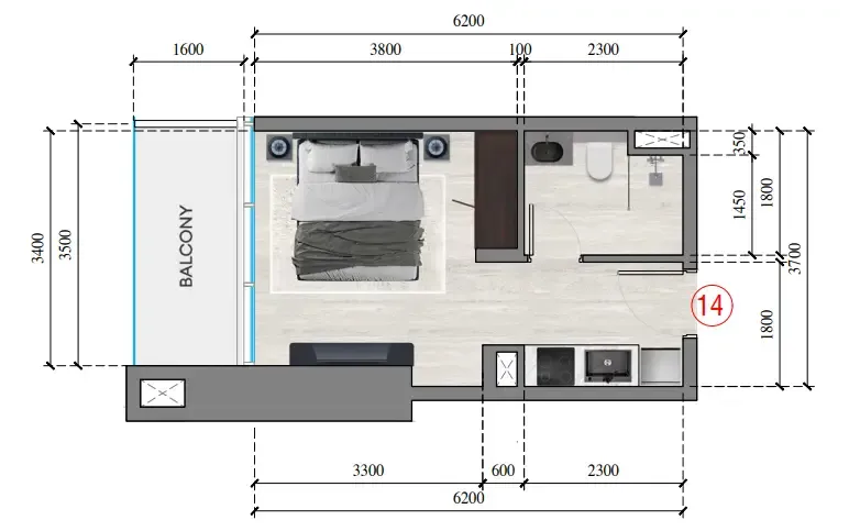Auresta Tower Studio floor plan, 329 sqft