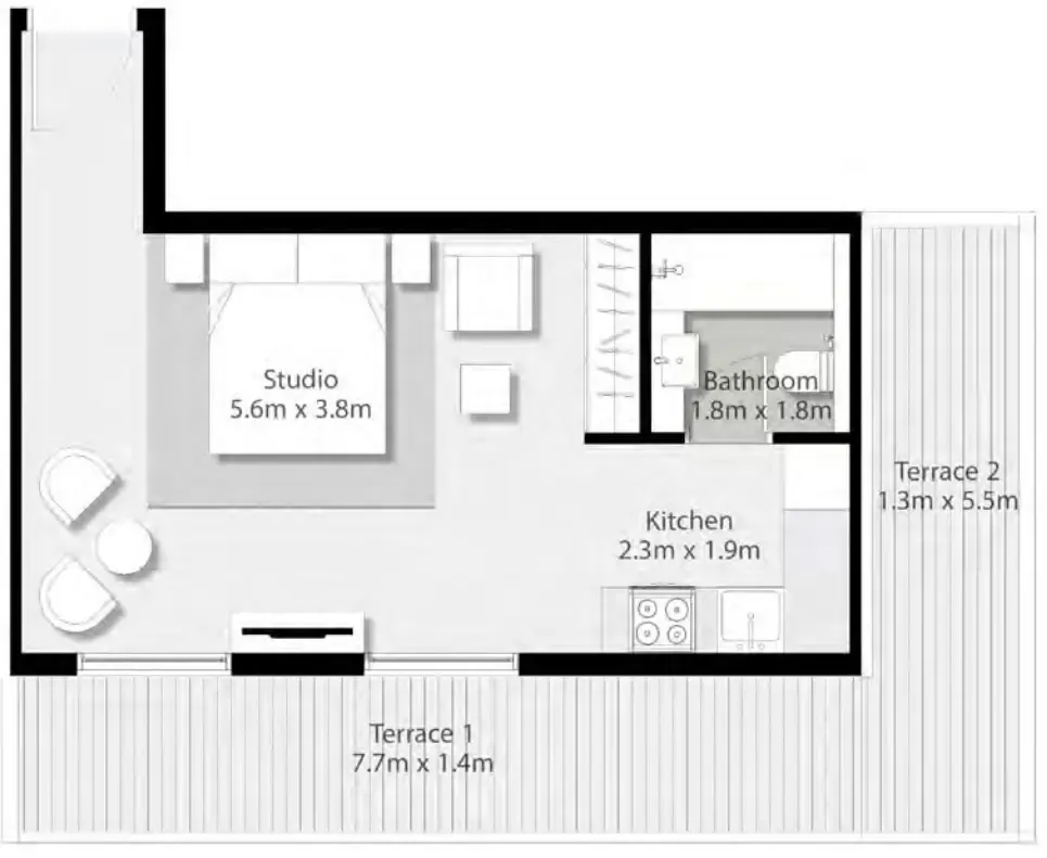 The Riff Studio floor plan, 599 sqft