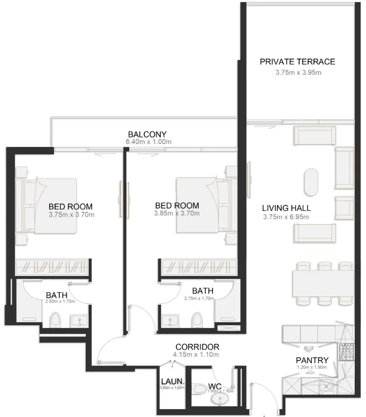 Ashley Hills 2 bed floor plan, 1,325 – 1,349 sqft