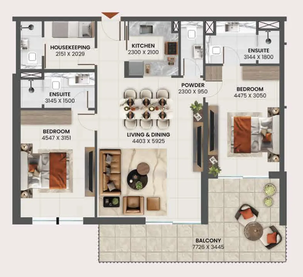 Sunvale 2 bed floor plan, 1,173 sqft