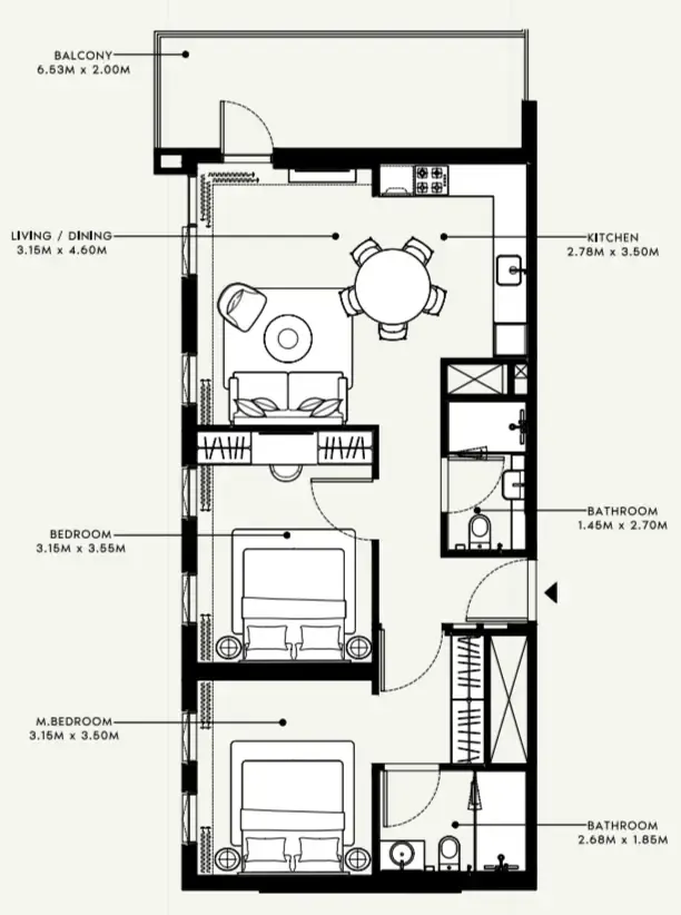 Beach Oasis 1 and 2 2 bed floor plan, 978 sqft
