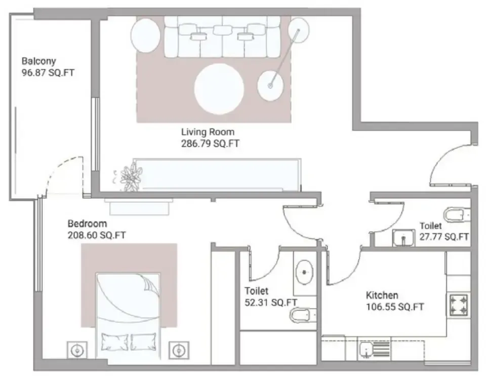 Ajman Creek Towers 1 bed floor plan, 1,242 sqft